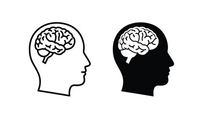 Two human heads with brains visible in profile view, one outlined and one filled, representing contrasting thoughts or ideas