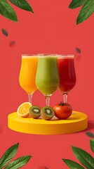 Generative AI Vibrant Fruit Juice Trio Presentation with Fresh Fruits
