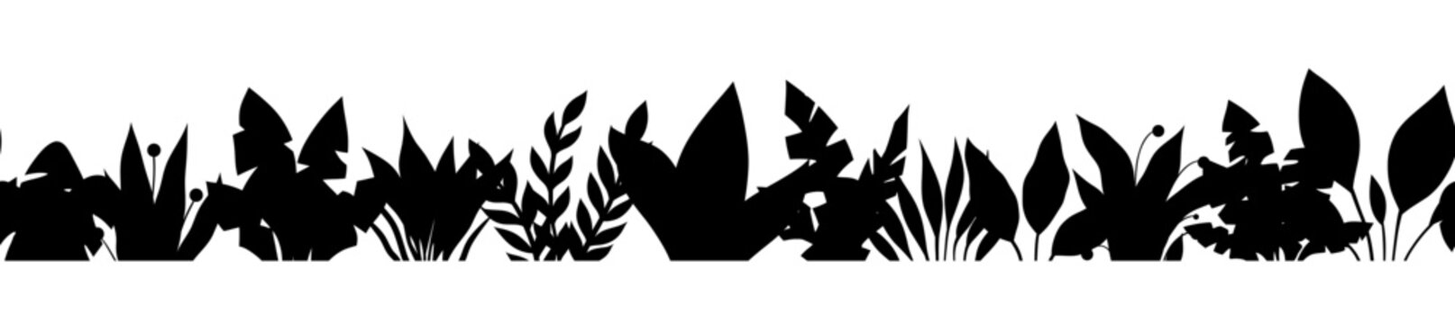 Vector seamless border with black silhouette tropical plants. Monochrome natural frieze with bushes