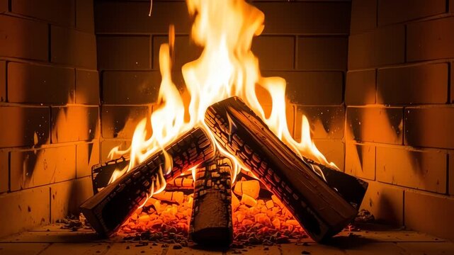 Cozy fireplace with burning logs in a brick hearth setting