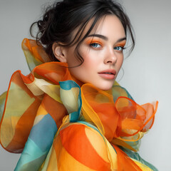 Fashion beauty portrait with orange sheer scarf and soft makeup studio