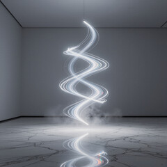 A mysterious and futuristic light installation in an empty, minimalist concrete room, a swirling, ethereal white neon spiral creating a powerful, abstract art piece.
