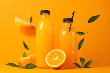 Generative AI Vibrant Orange Juice Bottles with Fresh Slices and Green Leaves in Bright Setting
