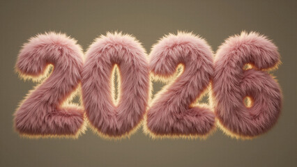 The year "2026" rendered in fun, fluffy pink fur with a warm, glowing outline, a playful and cozy 3D typographic design for New Year's celebrations.
