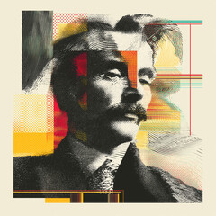 Vintage style male portrait with abstract colorful collage art background