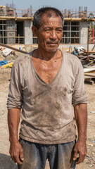 A powerful and poignant portrait of an elderly Asian construction worker, his tired, weathered face and dirty clothes telling a story of a life of hard physical labor.
