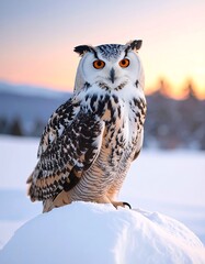 Striking owl perched on snow, with fiery orange eyes and a serene winter background at dawn/dusk
