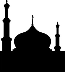 Black mosque silhouette with minarets, dome, and crescent symbol, Islamic architecture icon