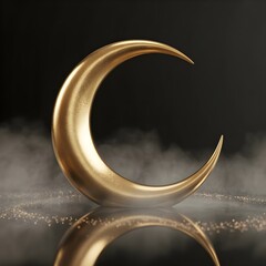 a luxurious 3d rendered golden crescent moon shining above the smoke on water surface with dark background