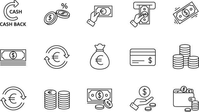 Money and finance line icons set showing cash payment banking savings currency exchange vector outline symbols collection