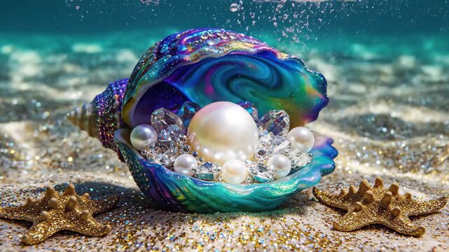 Iridescent seashell with large pearl and diamonds on glittering sand underwater