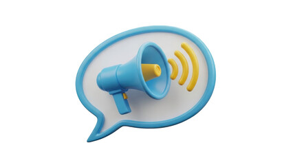 Blue megaphone emitting yellow sound waves within speech bubble isolated on a transparent background