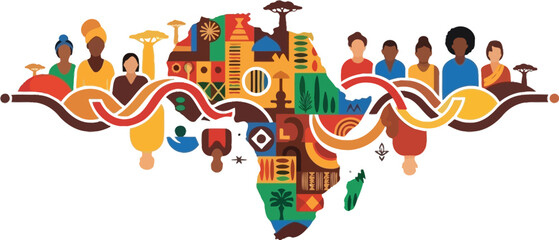 Diverse group of African people connected around a vibrantly colored continental map symbolizing unity heritage and cultural richness