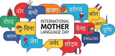 Multilingual communication concept featuring colorful speech bubbles representing diverse global languages celebrated for international mother language day