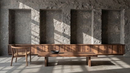 A serene and minimalist Wabi-sabi tea room with a low wooden table against a rough stone wall, where sunlight creates a peaceful, meditative atmosphere.

