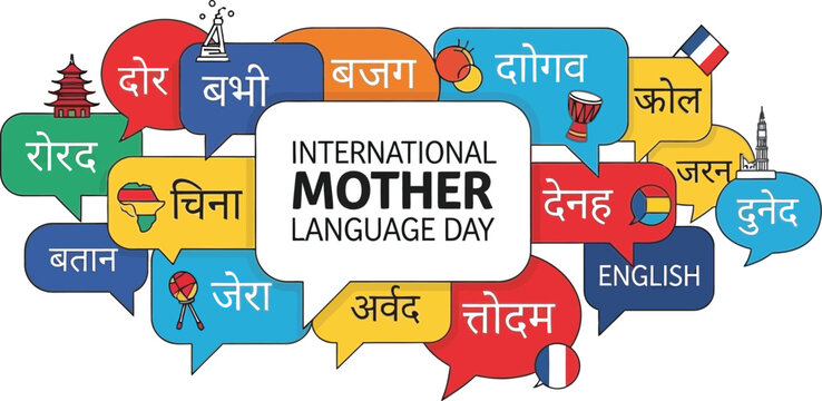 Multilingual communication concept featuring colorful speech bubbles representing diverse global languages celebrated for international mother language day