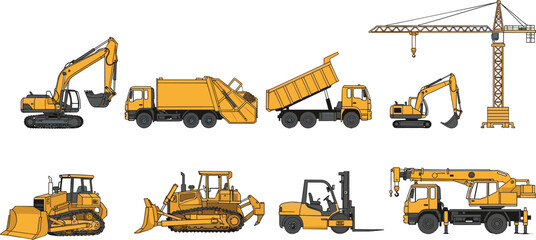 Large set of yellow heavy construction machinery and industrial vehicle vector illustrations including excavator crane bulldozer and dump truck isolated on white background © Its Ariful 