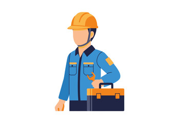 Professional technician character in uniform and safety helmet, holding a wrench and carrying a toolbox for maintenance and repair work