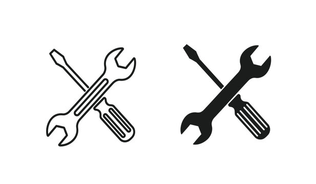 Black and white line icons of crossed wrenches and screwdrivers for repair and maintenance