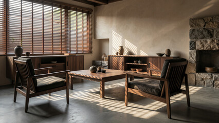 A serene and warm living room with a Wabi-sabi aesthetic, featuring rustic dark wood furniture, natural light, and a peaceful, minimalist arrangement.
