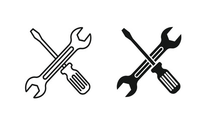 Naklejka premium Two crossed screwdrivers and wrenches icon set in black and white