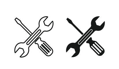Naklejka premium Black and white line icons of crossed screwdrivers and wrenches for repair and construction