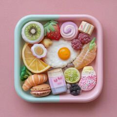 Colorful bento lunch box with healthy assorted food on pink background