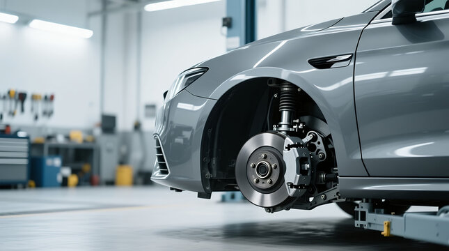 Car brake repair in auto workshop with wheel removed