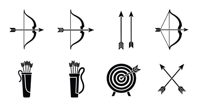 Black and white illustrations of bows arrows and archery targets