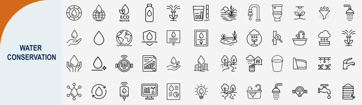 Water conservation and eco friendly resource management line icons set