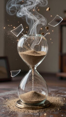 A dramatic and conceptual close-up of a shattering hourglass, symbolizing the precious, fleeting, and fragile nature of time with exploding sand and glass.
