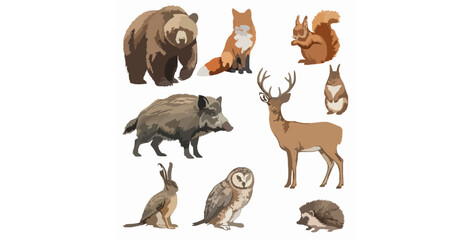 Realistic watercolor woodland animals vector illustration set © MdRaisul