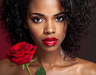 Striking portrait of a woman with dark curly hair holding a single red rose against a softly blurred background