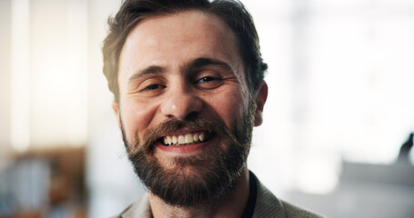 Obraz premium Happy, businessman and portrait with pride in office for corporate startup or development. Man, employee or company growth with smile for career success, improvement or job opportunity in workplace