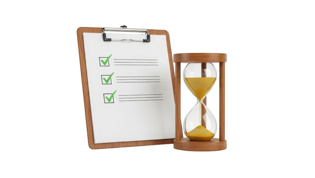 Clipboard with checklist and hourglass timer isolated on a transparent background sand timer