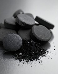Fototapeta premium Activated Charcoal Powder and Tablets Closeup.