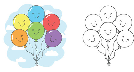Cute colorful smiling party balloons bunch and line art coloring page version for kids activity, set of happy balloons with strings isolated on white background with clouds © MMONIR