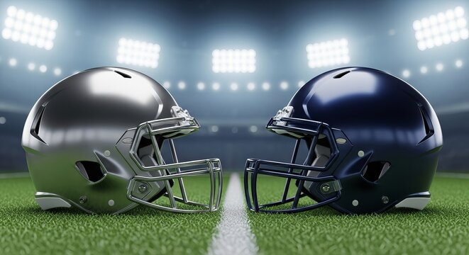 Two rival team helmets facing off on a stadium field under bright lights, symbolizing intense Super Bowl competition and sports concept