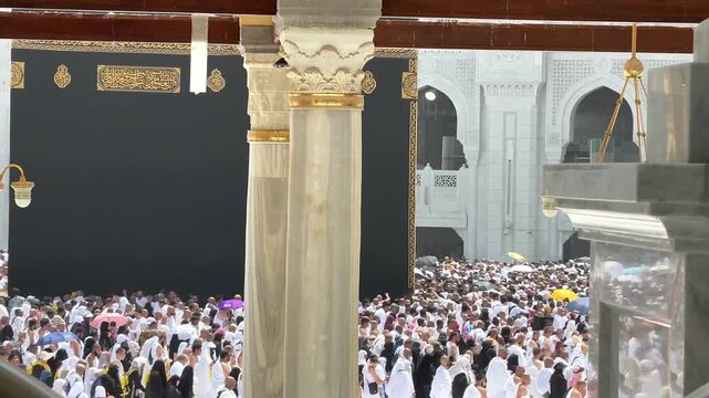 Muslim Pilgrims Performing Tawaf Around the Holy Kaaba in Mecca. Ideal for topics related to Hajj, Umrah, and Islamic worship.