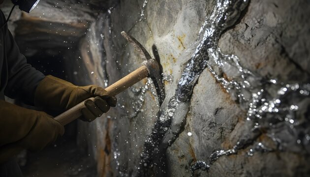 Underground Silver Mine Tunnel with Miner Hands Chipping at Shiny Silver Ore Vein in Dim Headlamp Light