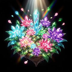 A vibrant and magical bouquet of glowing, crystal-like flowers in a dazzling array of rainbow colors, creating a fantastical and enchanting fantasy art piece.
