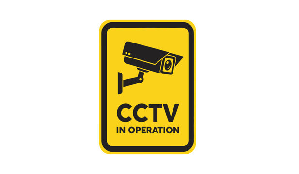 A yellow sign with a black border and a cctv camera icon indicating cctv in operation for security and surveillance purposes always
