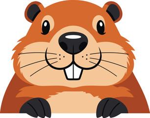 Naklejka premium Cute cartoon groundhog peeking over a surface, happy rodent character illustration