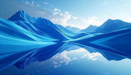 Striking, stylized blue mountain range reflects in a calm, glassy body of water under a bright sky