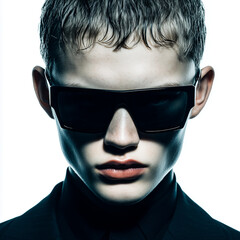 Stylish portrait of man wearing black sunglasses in dramatic studio light