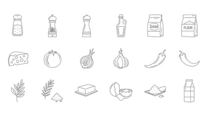 A comprehensive set of delicious food ingredient line icons depicting common culinary staples like spices vegetables dairy and baking supplies for recipe design