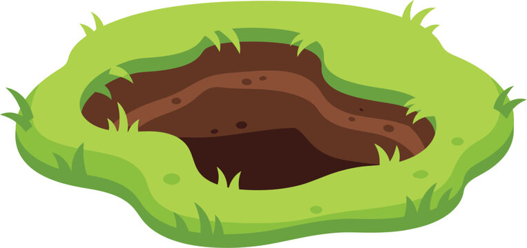 A cartoon illustration of a green grassy hole in the ground with brown dirt inside