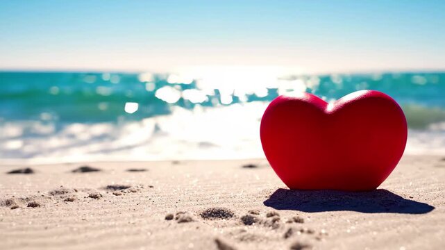 Red heart on sandy beach with ocean waves and sunlight reflection