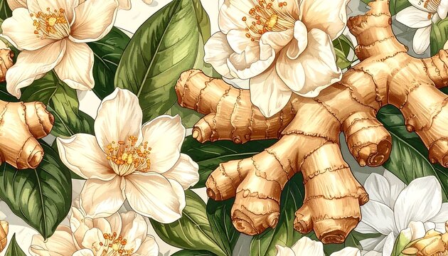 Watercolor Seamless Pattern with Ginger and Jasmine Flowers.