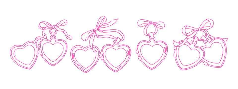 Hand drawn pink heart-shaped locket illustrations set with bows. Romantic vintage frames for photos or love letters.